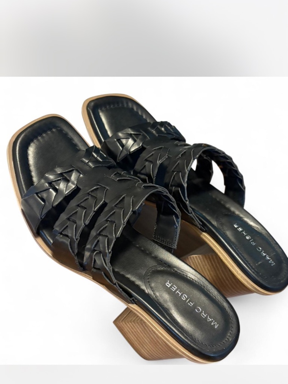 Marc Fisher Melita Black Braided Leather Slide Mules with Tan Stacked Heel